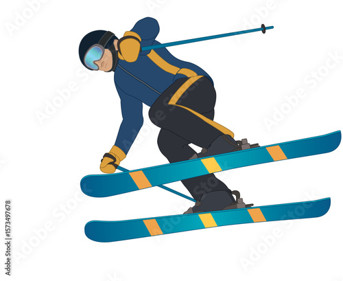 half-pipe skiing, male skier performing trick in mid-air isolated on a white background 