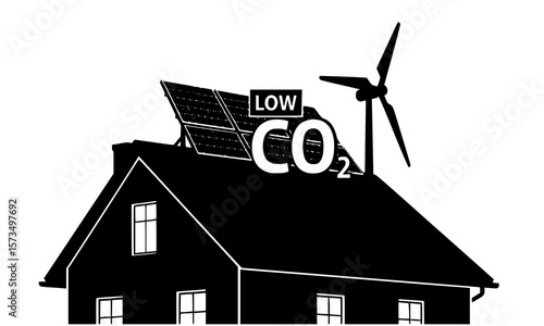 Eco friendly home design with solar panels and wind turbine offering low carbon dioxide emissions and renewable energy.