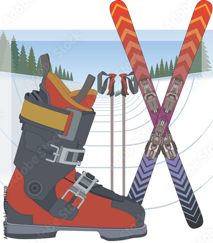 half-pipe skiing, ski boot in profile, pair of skis crossed and pair of ski poles standing, with snow covered pipe in the background