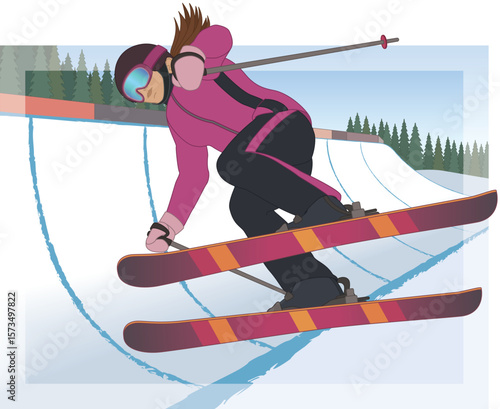 half-pipe skiing, female skier performing a trick maneuver going down the pipe with outdoor background