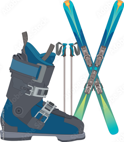 half-pipe skiing, ski boot in profile, pair of skis crossed and pair of ski poles isolated on a white background