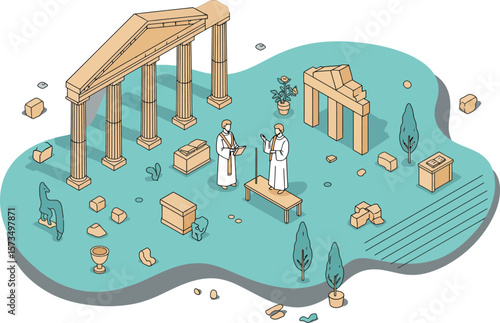 Ancient Greek ruins with classical columns and statues in isometric style vector illustration