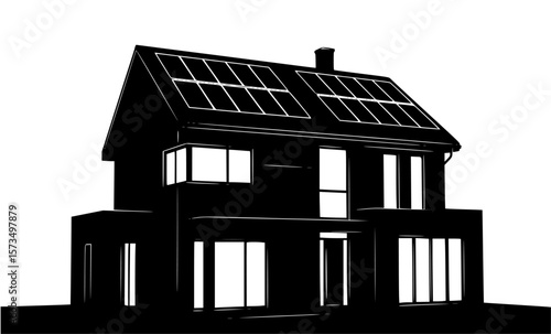 Black and white illustration of a modern house with solar panels generating renewable energy efficiently.