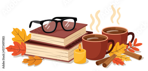 Autumnal Reading Nook with Hot Drinks and Autumn Leaves