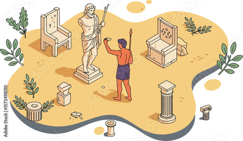 Ancient Greek Sculpture Museum Visitor Exploring Historical Artifacts and Statues in Cultural Exhibition Vector Illustration 