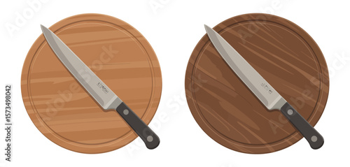 Two Round Wooden Cutting Boards with Knives