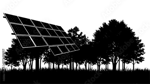 Clean energy showcases solar panels in a silhouette amongst the woods, promoting a sustainable future in black and white.