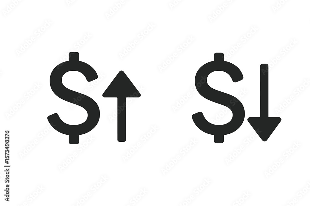 Money increase and decrease icons, price rate cost sale profit up and down symbols, arrow with US dollar sign, financial growth decline, transparent PNG vector illustration Money increase and decrease icons, price rate cost sale profit up and down symbols, arrow with US dollar sign, financial growth decline, transparent PNG vector illustration