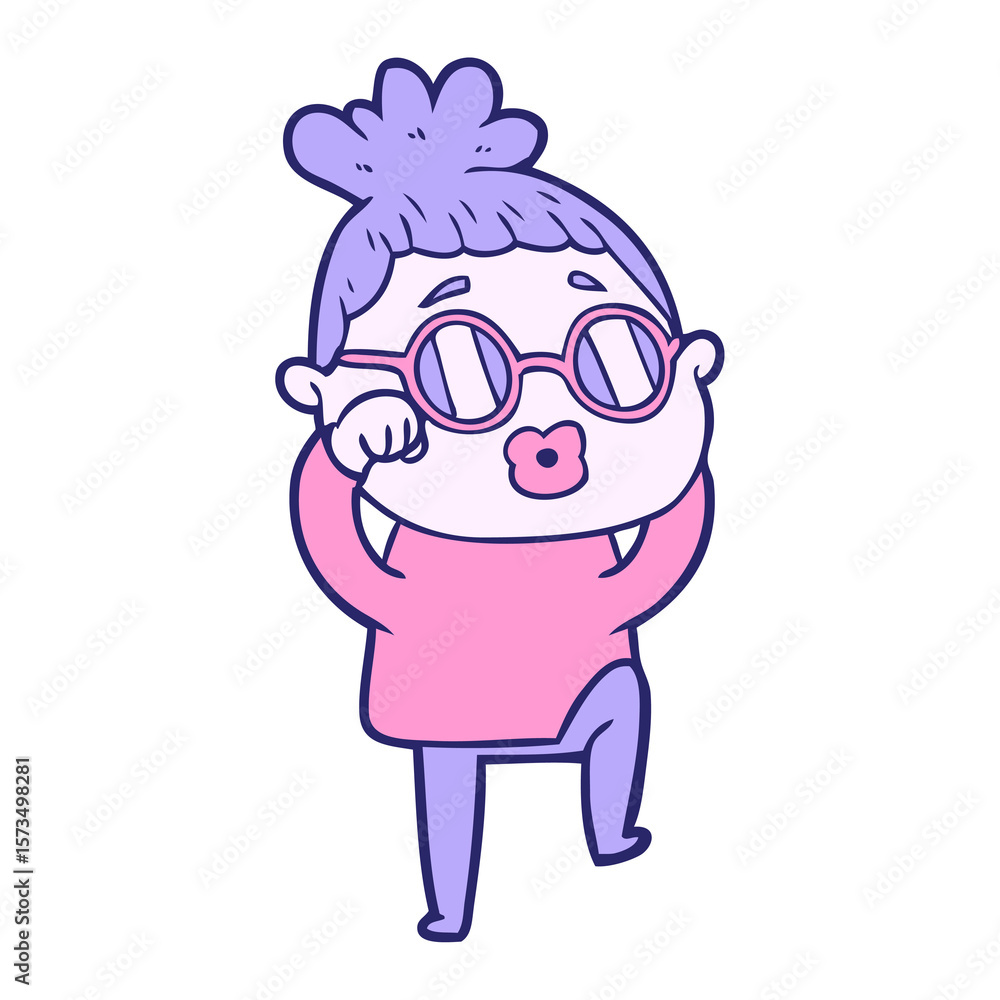 cartoon tired woman wearing spectacles in bright neon color cartoon tired woman wearing spectacles in bright neon color
