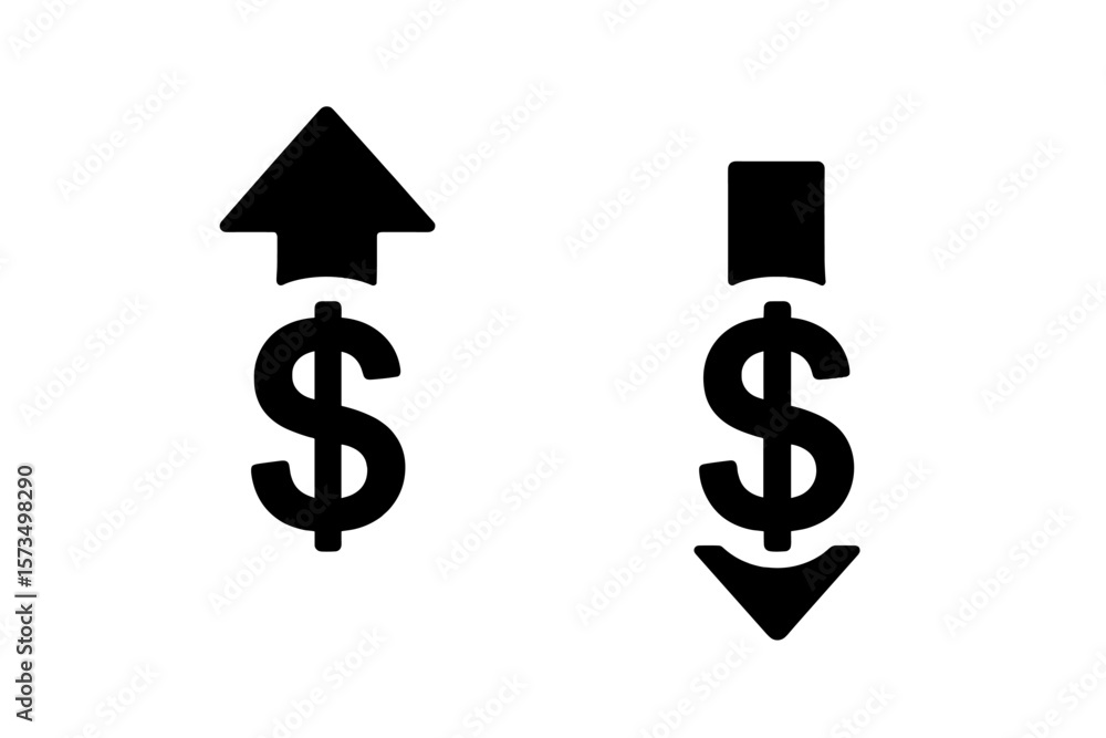 Money increase and decrease icons. Price, rate, cost, sale, profit symbol. Value going up and down. Financial growth, inflation, income, revenue, salary, payment concept. Money increase and decrease icons. Price, rate, cost, sale, profit symbol. Value going up and down. Financial growth, inflation, income, revenue, salary, payment concept.