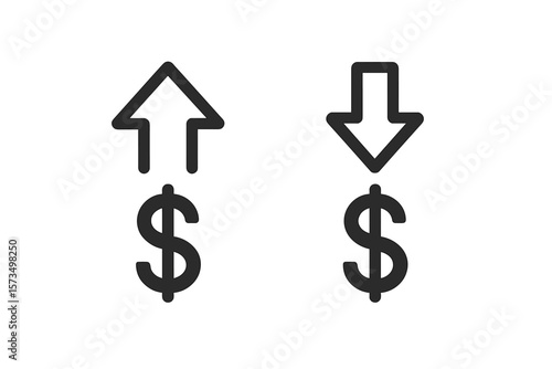Concept of financial volatility. Money increase, decrease icon set. Price, cost, rate, salary, profit, sale going up or down. Inflation and deflation symbol vector.