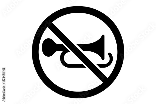 No Horn Sign, Prohibition Symbol, No Honking, Mute Horn, Traffic Warning, Silence Area, Black Horn Icon, Road Safety, Vector Illustration, Transparent Background, Urban Quiet Zone