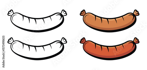 Four Cartoon Sausage Illustrations in Color and Black and White