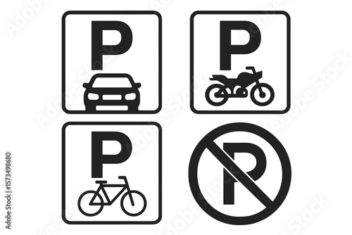 Parking Signs Set for Car, Motorcycle, Bicycle, and No Parking Symbol. Vehicle Parking Icons Collection. Transportation, Urban Traffic, Road Safety, Regulation Vector Illustration