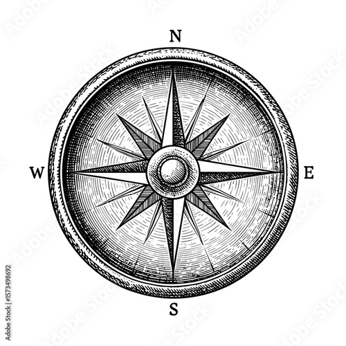 Vintage nautical compass rose engraving in black and white style  