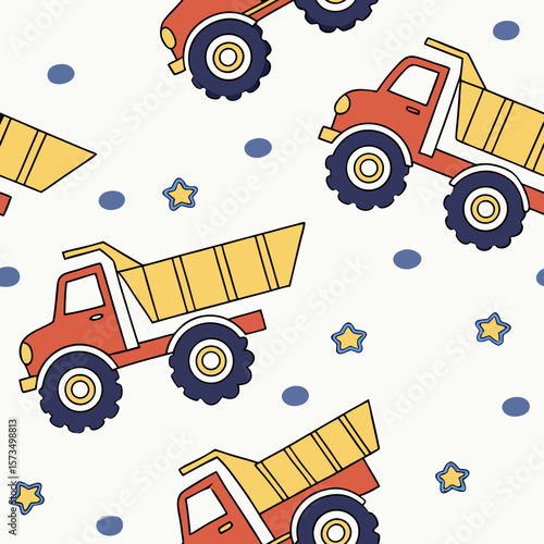 Seamless pattern featuring cartoon dump trucks, yellow stars, and blue dots. Ideal for boy’s bedding, nursery wallpaper, and playful children’s designs.