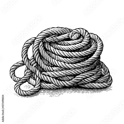 Antique engraving of a loosely coiled fishing net in black and white  