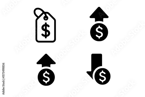 Dollar Price Tag and Money Coin Icons with Up and Down Arrows, Cost Increase and Decrease, Profit Rate Change, Financial Symbol Set, Transparent Vector for App and Website