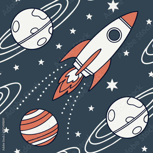 Seamless pattern with rockets, planets, and stars on a dark background, evoking an outer space adventure. Ideal for children’s products, textiles, and educational materials.