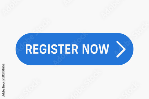 Register Now Button Vector. Blue Rounded Web Button with Register Now Text and Arrow Icon. Modern UI Element for Website, App, Online Form, Call to Action, Signup, Registration Concept