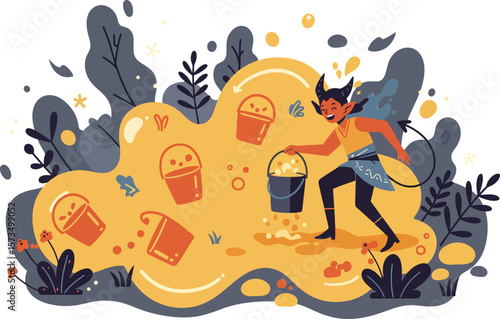 Person cleaning up trash and waste in nature environment with autumn leaves vector illustration 