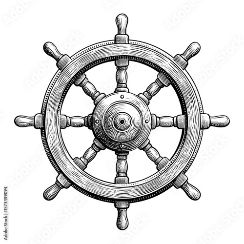 Antique wooden ship wheel in detailed engraving style  