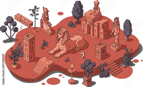 Ancient Egyptian statues and monuments in desert landscape vector illustration with sphinx and hieroglyphs 