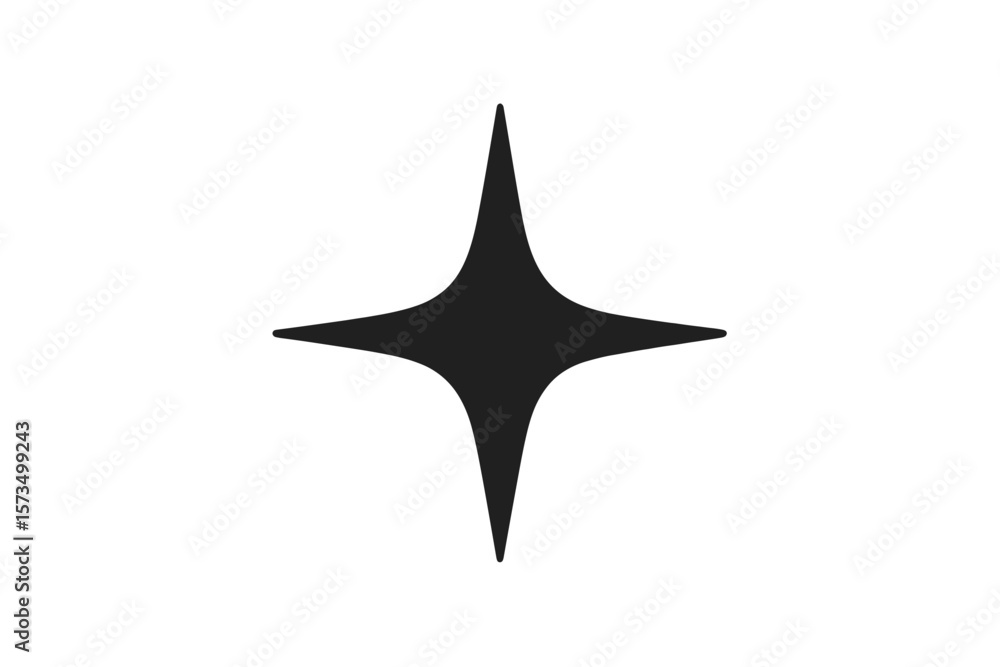 Minimalist Black Star Sparkle Icon. Modern Abstract Four-Pointed Star Shape. Simple Geometric Sparkle Symbol. Clean Black and White Vector Illustration. Isolated Transparent Background
