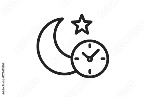 Sleep time icon. Sleep tracking symbol. Moon, star and clock sign. Bedtime schedule. Insomnia and circadian rhythm concept. Night rest and relaxation. Healthy sleep vector.