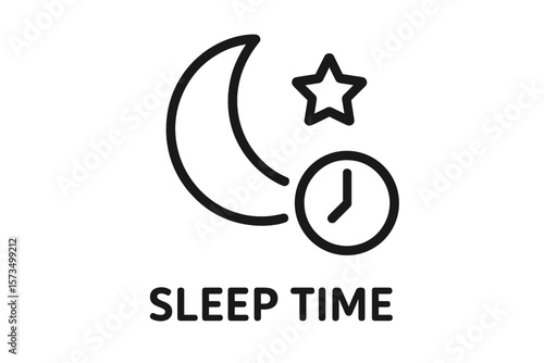 Sleep time icon with moon, star, clock. Sleep tracking symbol for health app. Bedtime, night, dream concept. Circadian rhythm, insomnia aid. Wellness and rest vector sign.