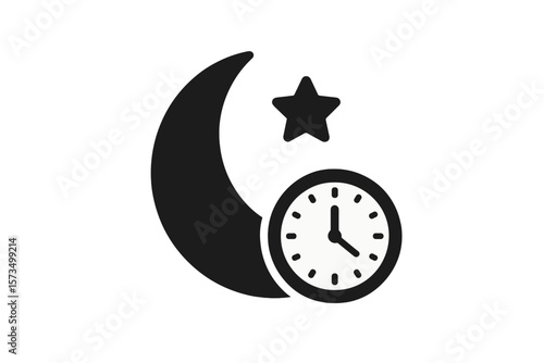 Sleep time icon. Sleep tracking symbol with moon, star and clock. Bedtime concept. Night rest pictogram for healthy lifestyle, sleep cycle, insomnia and wellness app UI.