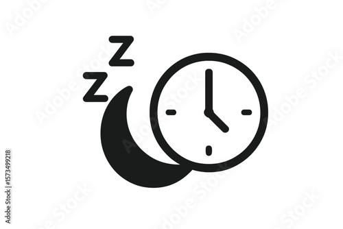 Sleep time icon. Bedtime or night symbol with moon and clock. Sleep cycle and duration tracking concept for app. Insomnia or healthy dream aid. Circadian rhythm vector.