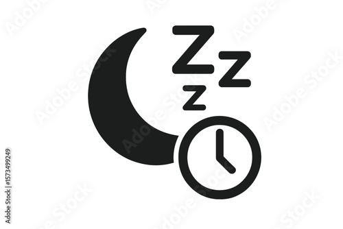 Sleep time icon, sleep tracking symbol with moon and clock sign. Night time concept. Bedtime, insomnia, dream, relaxation, circadian rhythm metaphor. Pictogram for app, UI, UX.