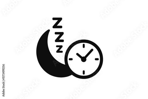 Sleep time icon. Sleep tracking symbol with moon and clock. Night time, bedtime, rest, relaxation, deep sleep, slumber concept. Insomnia. UI UX icon for app and web design.