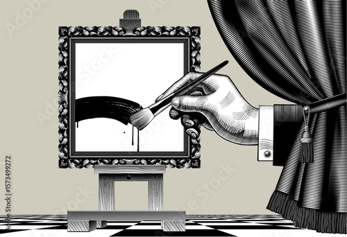 A hand paints with a brush on a white canvas in an antique frame on a wooden easel standing on a checkerboard floor near a black curtain. Vector illustration in vintage engraving style