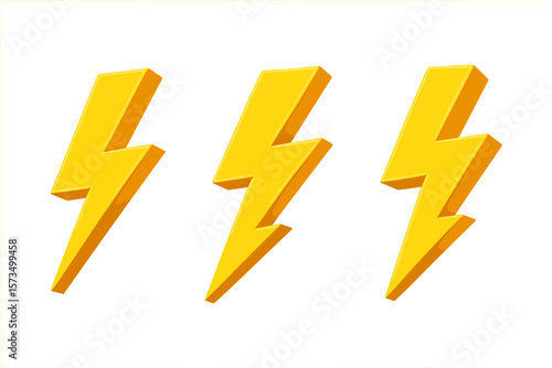 Thunderbolt icon set. 3D lightning bolt symbols. Electricity and power sign. Flash of lightning concept. Energy charge icon. Danger symbol. Storm weather vector illustration.