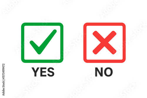 Green Check Mark and Red Cross Icon Set, Yes and No Checkbox Symbols, Decision Buttons, Approval and Rejection, Voting, Selection, Isolated Vector Illustration