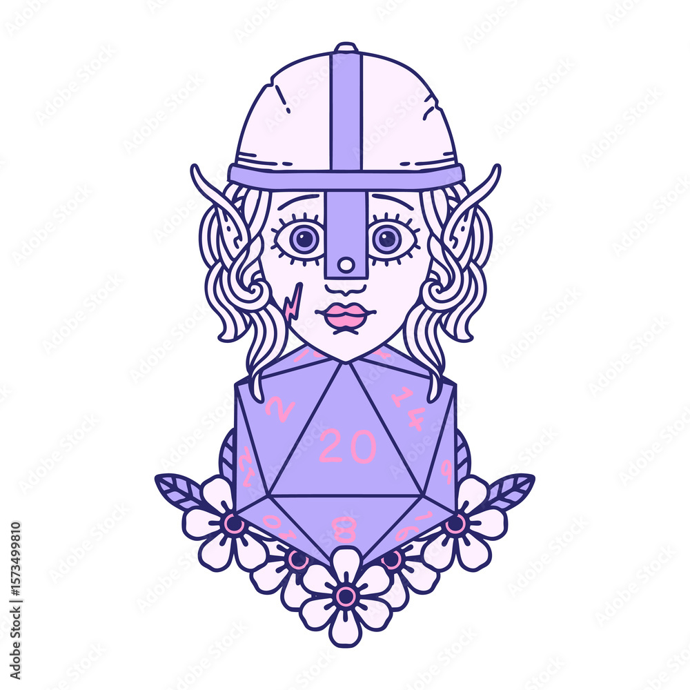 Retro Tattoo Style elf fighter with natural twenty dice roll in bright neon color Retro Tattoo Style elf fighter with natural twenty dice roll in bright neon color