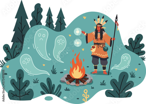 Native American shaman performing ritual with spirit ghosts around campfire in forest setting vector illustration 