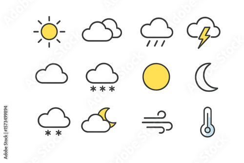 Weather Forecast Icon Set. Simple Line Style Vector Illustrations of Sun, Clouds, Rain, Thunderstorm, Snow, Moon, Wind, Temperature. Colorful Symbols for App, UI, Web Design. Transparent Background