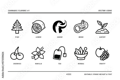 Set of 10 Cannabis Flavor Vector Icons: Pine, Lemon, Skunk, Wood, Earthy, Cherries, Cherry, Vanilla, Tea, Herbal, and Fruity