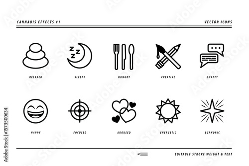Set of 10 Cannabis Effects Vector Icons: Relaxed, Sleepy, Hungry, Creative, Chatty, Happy, Focused, Aroused, Energetic, Euphoric