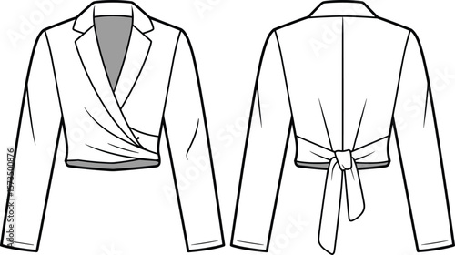 Women's Victorian Edwardian Blouse, Cropped Wrap Blazer, and Baby Bloomer Diaper Covers Technical Flat CAD Drawing Vector Illustrations Set