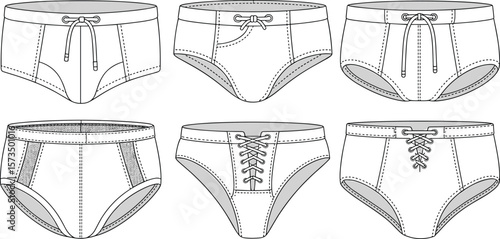 Underwear Briefs Swim Trunks Technical Sketch Flat CAD Drawing Vector Illustration Set for Apparel Design and Fashion Templates