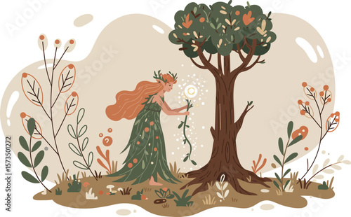 Woman harvesting fruit from tree in natural forest environment with plants and flowers vector illustration 