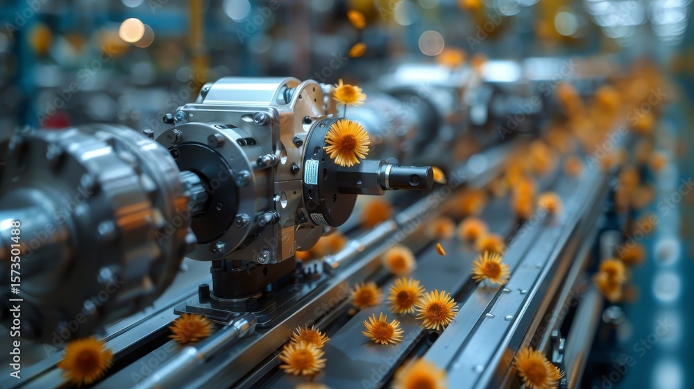 Fototapeta premium Metal machinery blurred, interspersed with orange blossoms, conveying industry