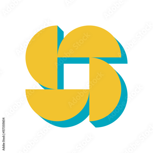 Geometric abstract shape with shadow. Bold modern icon with flat design and brutalist form. Unique circular element, minimalist visual style, suitable for contemporary art projects.