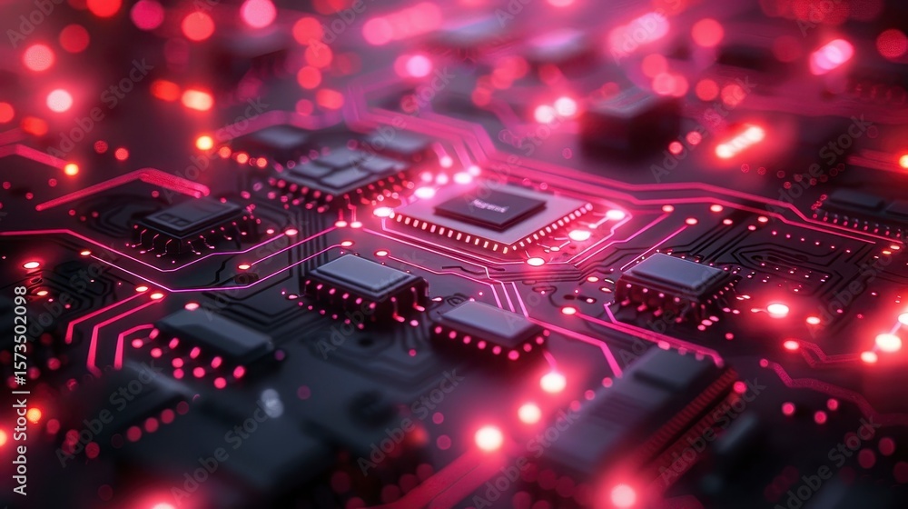Obraz premium Illuminated circuit board with glowing red lines and components in soft focus