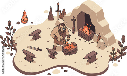 Blacksmith Forge with Anvil and Fire in Rustic Workshop Scene Vector Illustration 