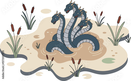 Three-headed hydra mythical creature in swampy environment with reeds and mud vector illustration 